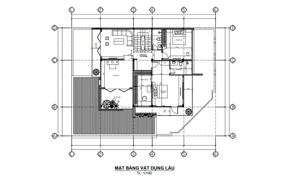 Mặt bằng lầu 1 nhà 1 trệt 1 lầu 3 phòng ngủ có sân vườn bao quanh