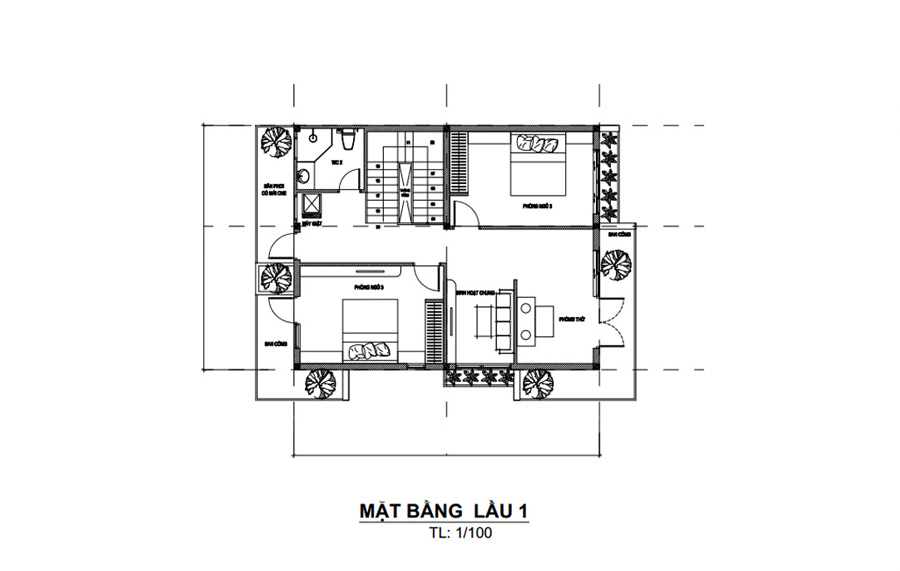 Mặt bằng lầu 1 nhà 1 trệt 1 lầu 3 phòng ngủ mái bằng