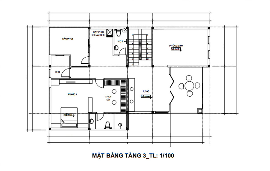 Mặt bằng lầu 2 biệt thự 3 tầng mái thái mặt tiền 9m