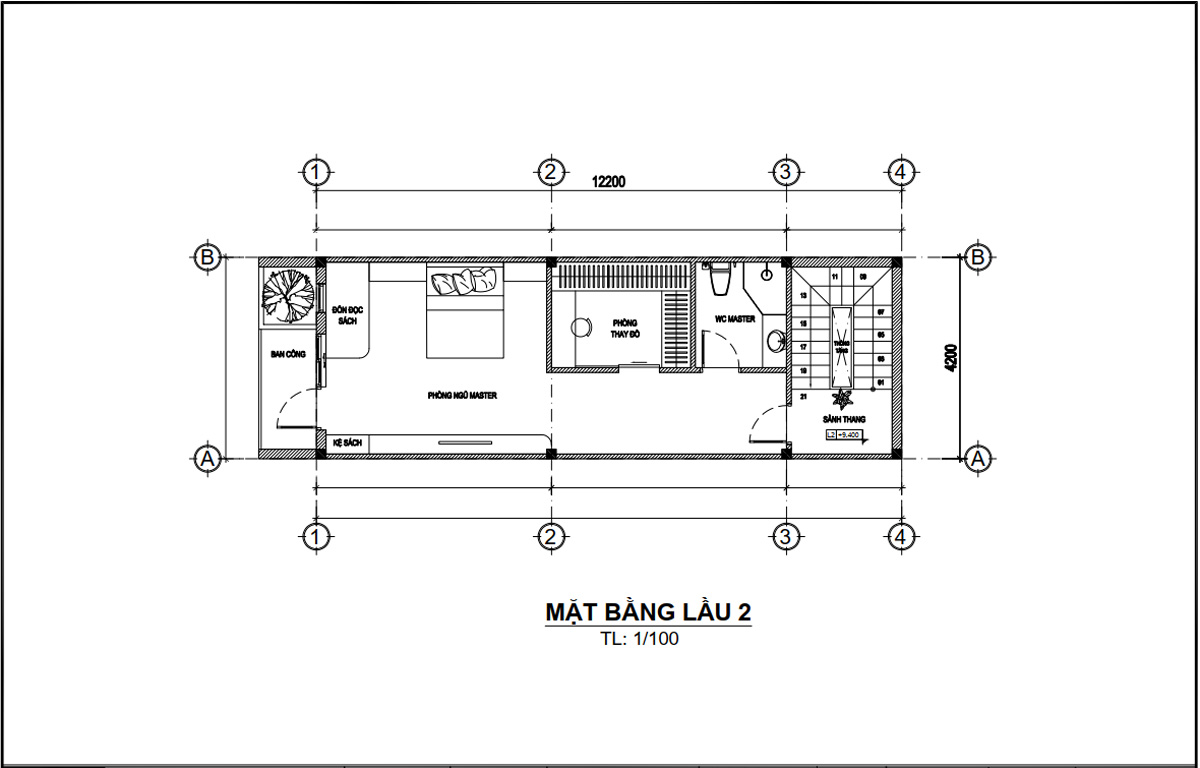 Mặt bằng lầu 2 mẫu nhà ống 4 tầng 1 tum