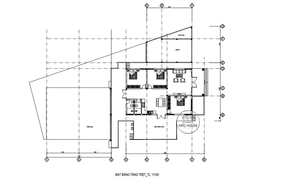 Bản vẽ mặt bằng bố trí công năng nhà 1 tầng 3 phòng ngủ 100m2