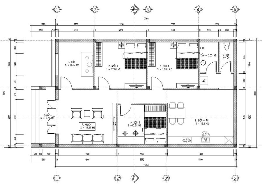 Bản vẽ mặt bằng nhà 1 tầng 3 phòng ngủ phong cách Châu Âu