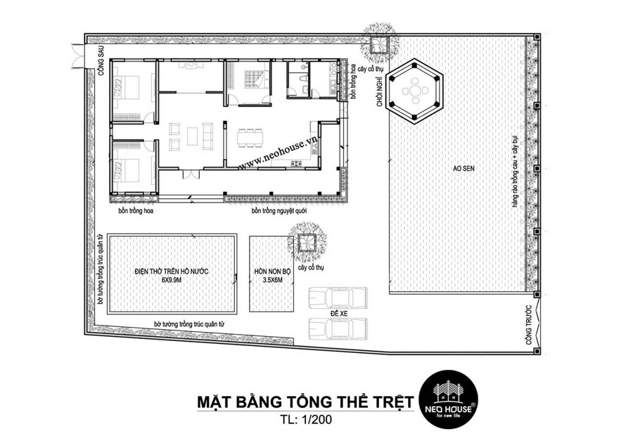 Mặt bằng tổng thể nhà 1 tầng 3 phòng ngủ mái Nhật