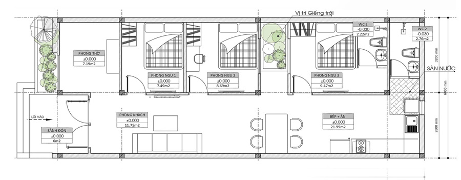 Mặt bằng công năng nhà 1 tầng 3 phòng ngủ mái bằng