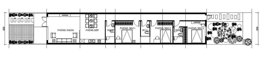 Bản vẽ mặt bằng nhà 1 tầng 3 phòng ngủ kết hợp sân vườn