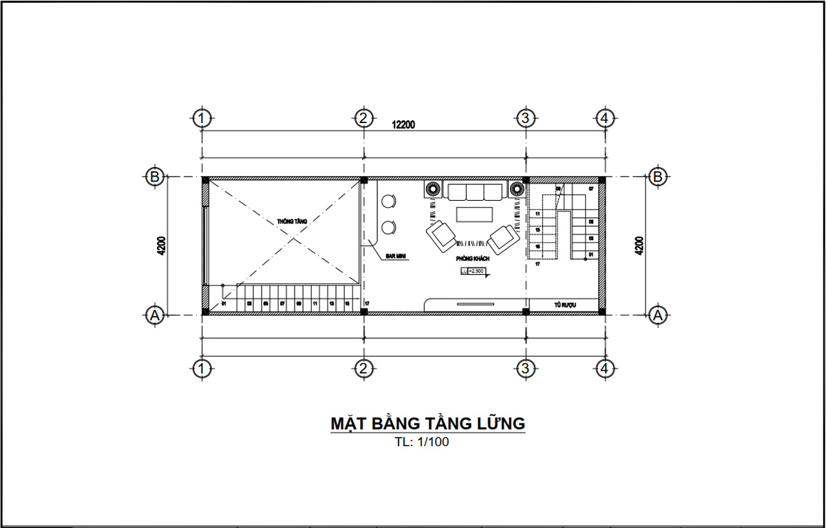 Mặt bằng tầng lững mẫu nhà ống 4 tầng 1 tum