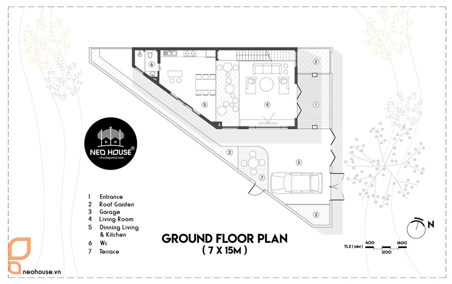 Bản vẽ mặt bằng tầng trệt biệt thự 3 tầng mái bằng