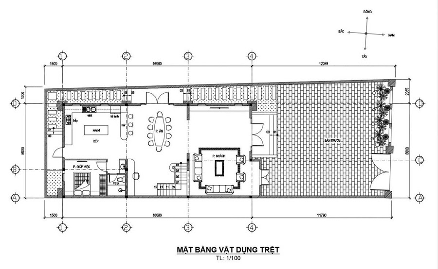 Mặt bằng tầng trệt biệt thự 3 tầng mái Mansard