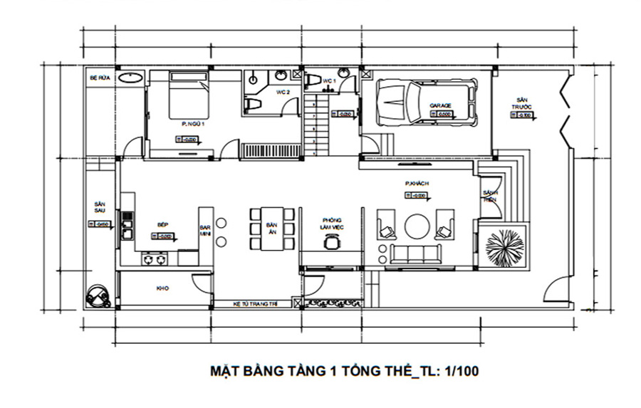 Mặt bằng tầng trệt biệt thự 3 tầng mái thái mặt tiền 9m