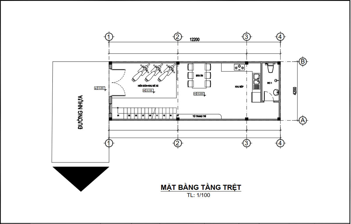 Mặt bằng tầng trệt mẫu nhà ống 4 tầng 1 tum