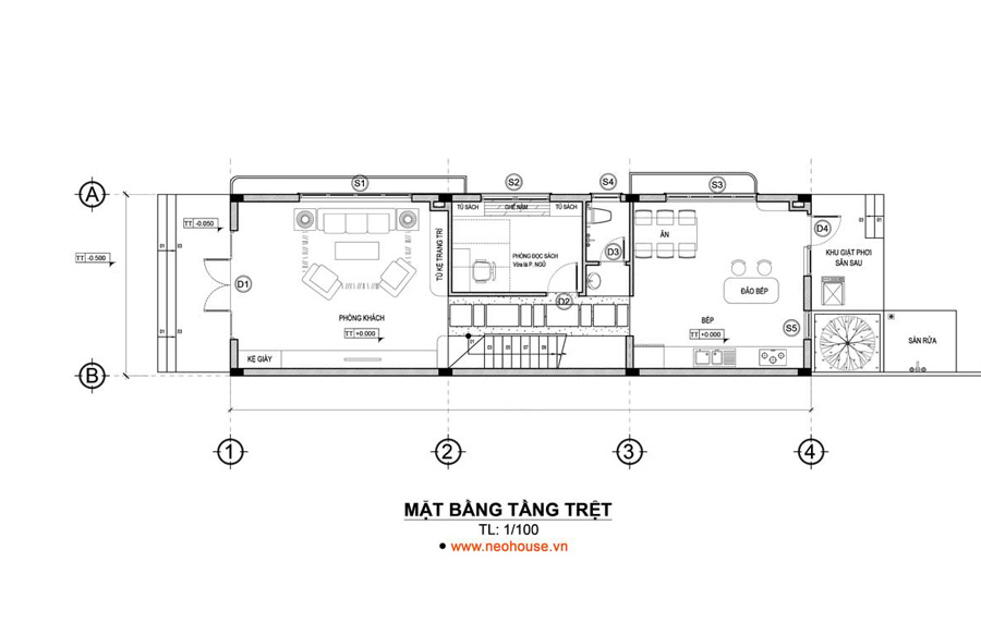 Mặt bằng tầng trệt nhà 1 trệt 1 lầu 3 phòng ngủ 4x20m