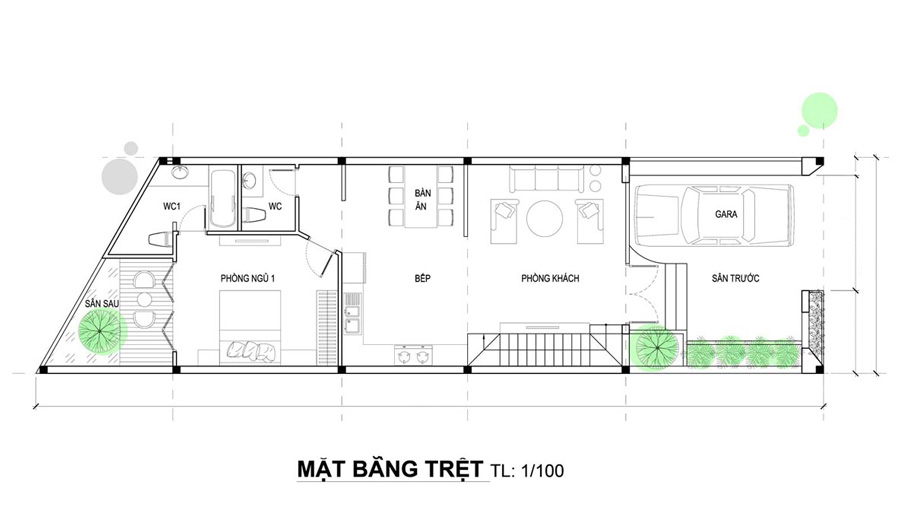 Mặt bằng tầng trệt nhà 1 trệt 1 lầu 3 phòng ngủ 5x20m