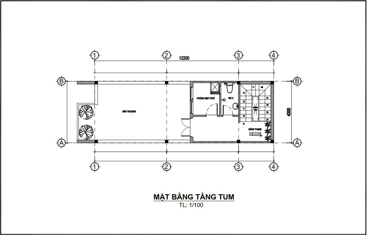 Mặt bằng tầng tum mẫu nhà ống 4 tầng 1 tum