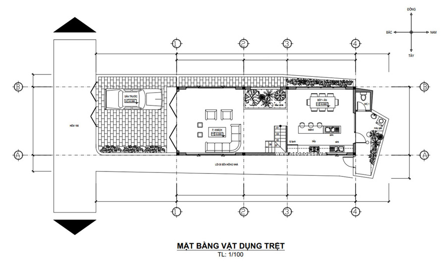 Bản vẽ mặt bằng công năng tầng trệt nhà 1 trệt 1 lầu 1 sân thượng