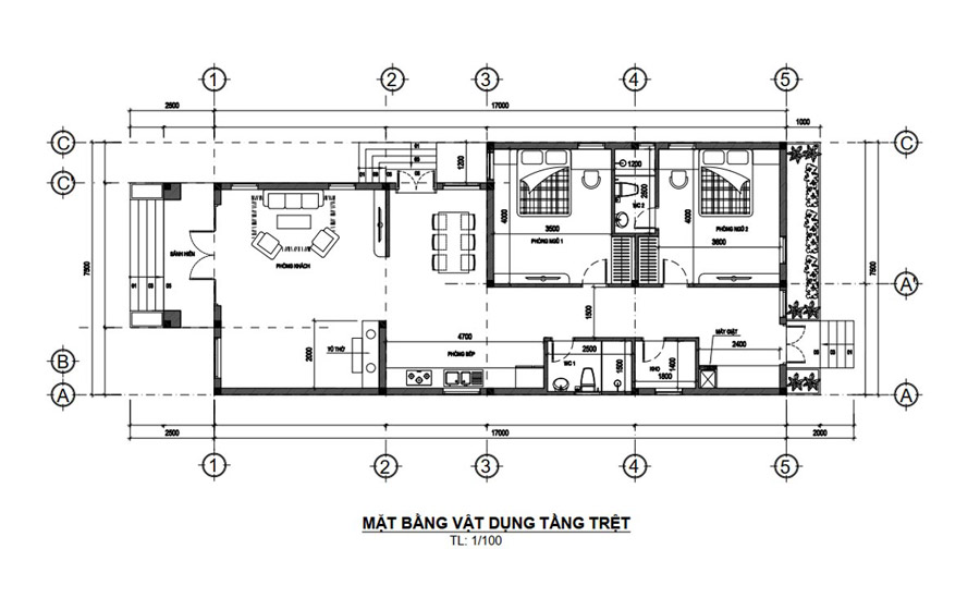 Bản vẽ nhà cấp 4 2 phòng ngủ 1 phòng thờ