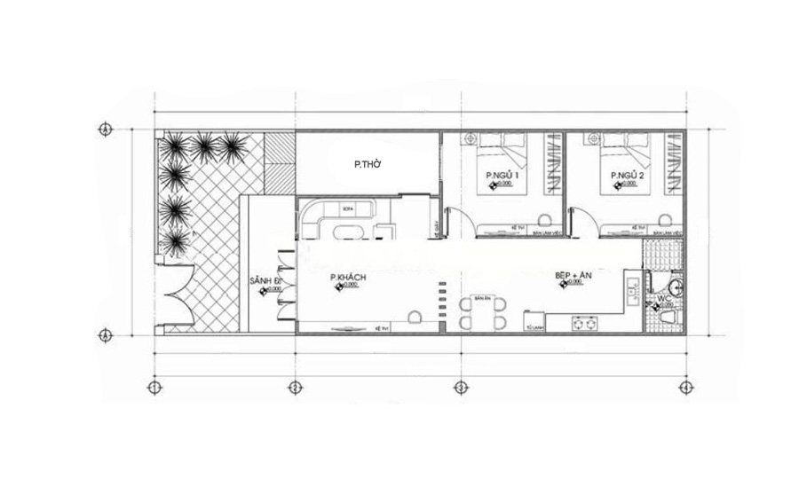 Bản vẽ nhà cấp 4 2 phòng ngủ 5x12 có phòng thờ