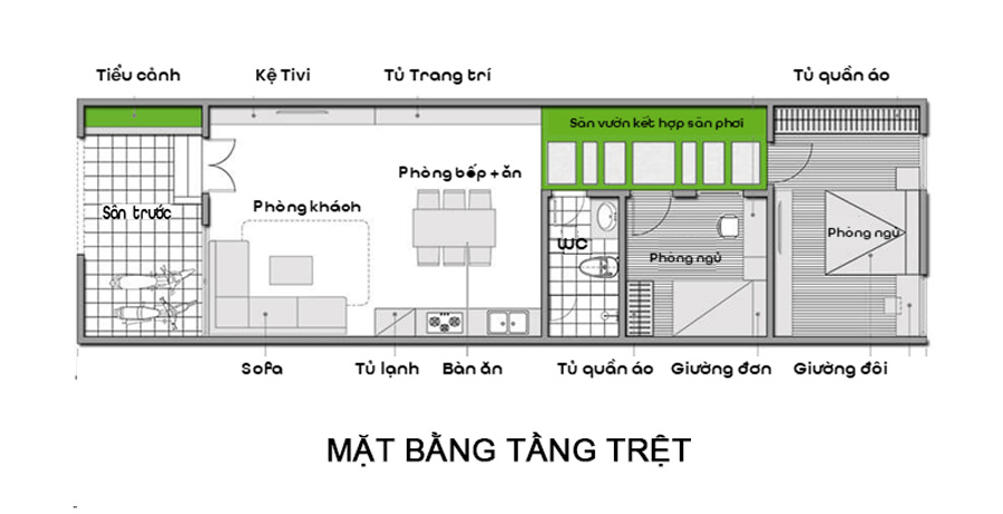 Bản vẽ nhà cấp 4 2 phòng ngủ 5x12 có sân trước