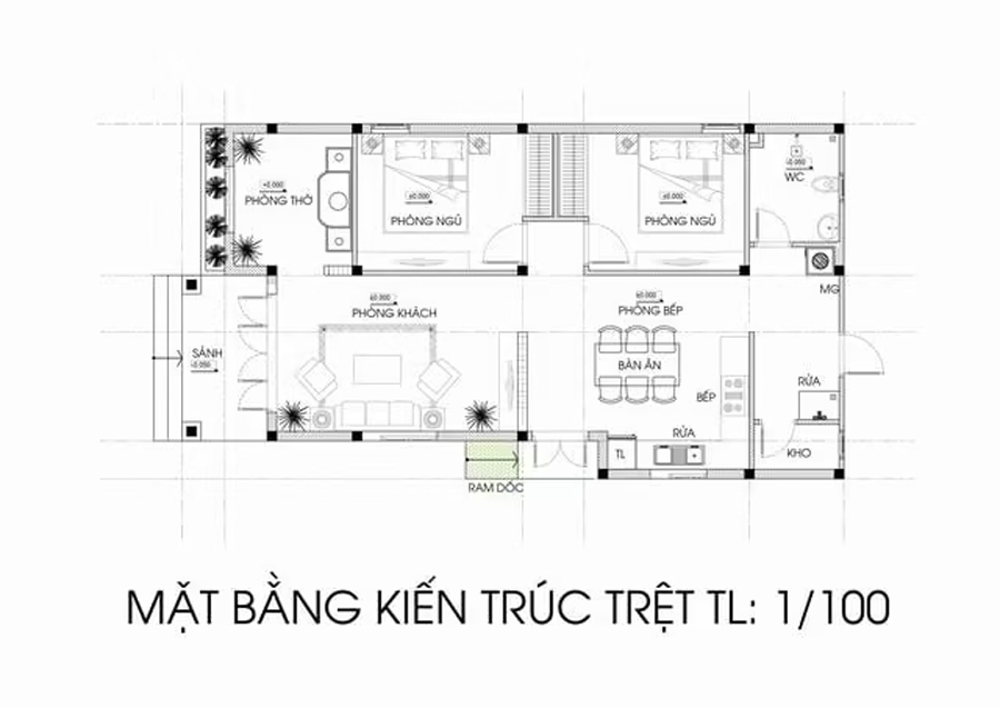 Bản vẽ nhà cấp 4 7x10 2 phòng ngủ