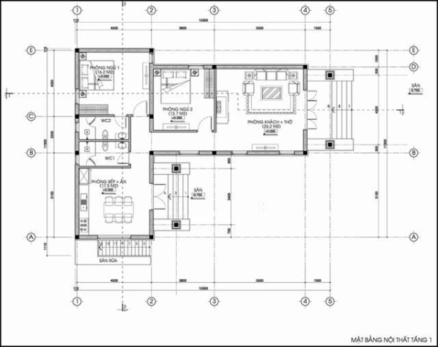 Bản vẽ nhà cấp 4 chữ l 2 phòng ngủ