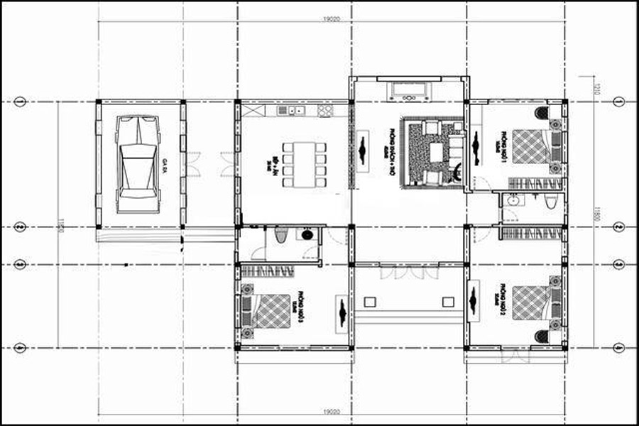 Bản vẽ nhà cấp 4 chữ U 3 phòng ngủ
