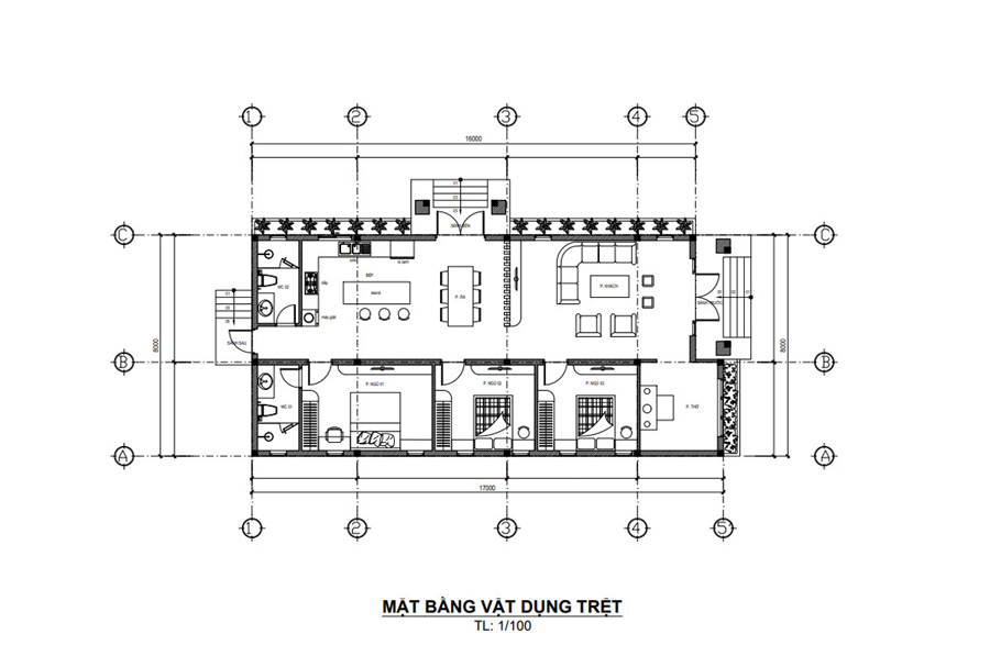 Bản vẽ nhà cấp 4 mái tôn 3 phòng ngủ 1 phòng thờ