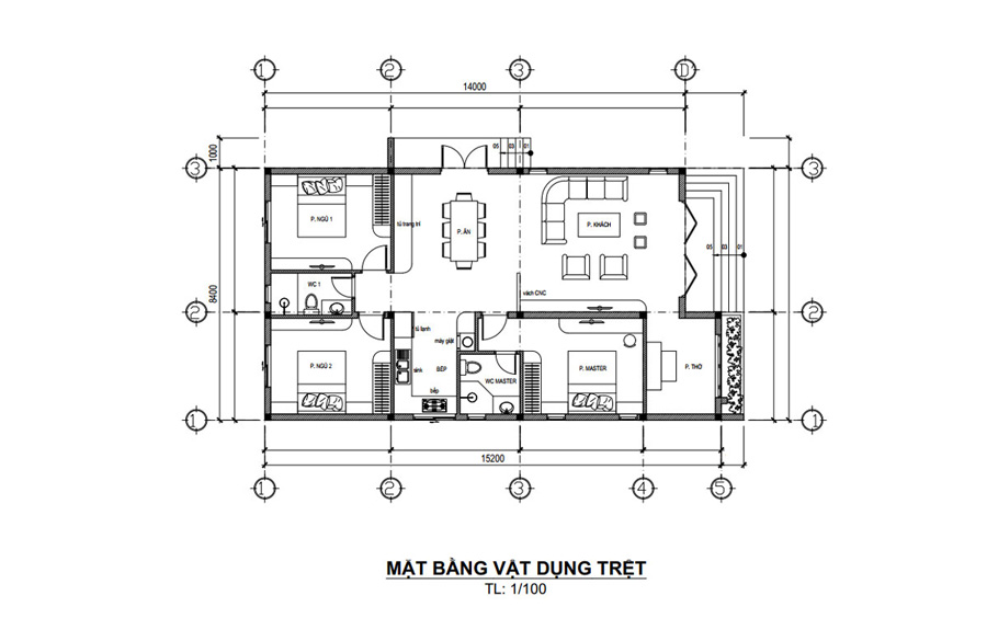 Bản vẽ nhà cấp 4 mái tôn 3 phòng ngủ