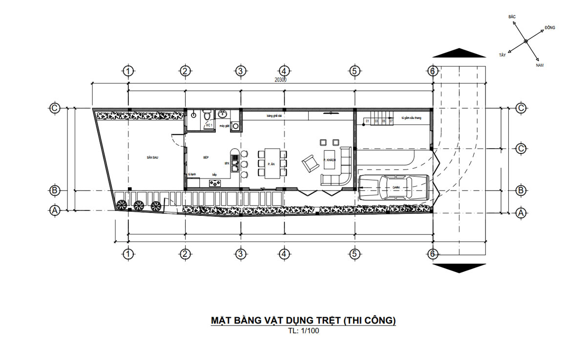 Mặt bằng tầng trệt mẫu nhà phố 2 tầng 5x16m 2 phòng ngủ