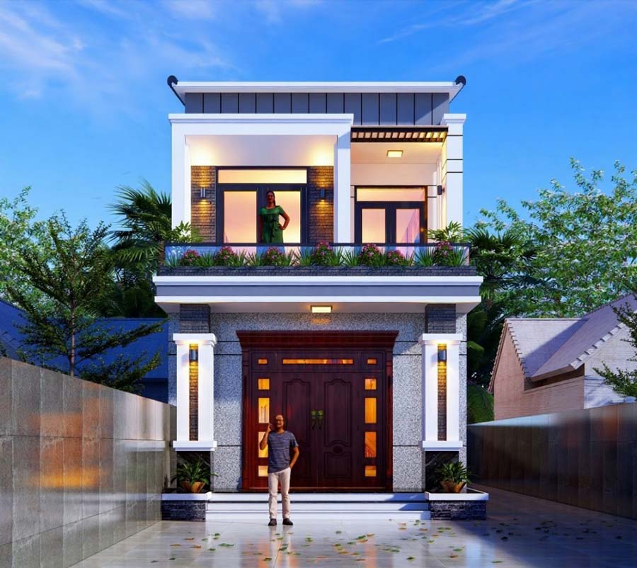 Mẫu nhà 1 trệt 1 lầu đẹp 5x20 mái lệch