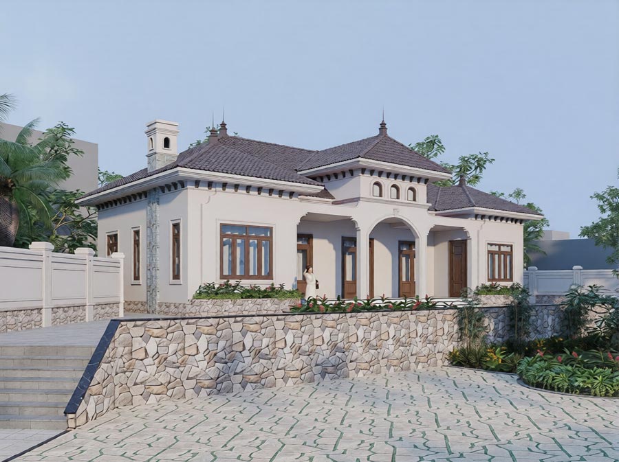 Mẫu nhà cấp 4 phong cách Địa Trung Hải 3 phòng ngủ