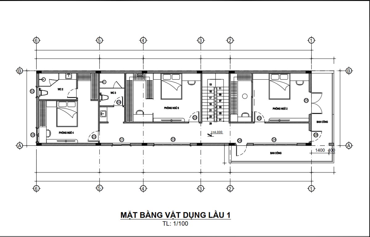 Mặt bằng lầu 1 nhà ống 3 tầng mặt tiền 6m