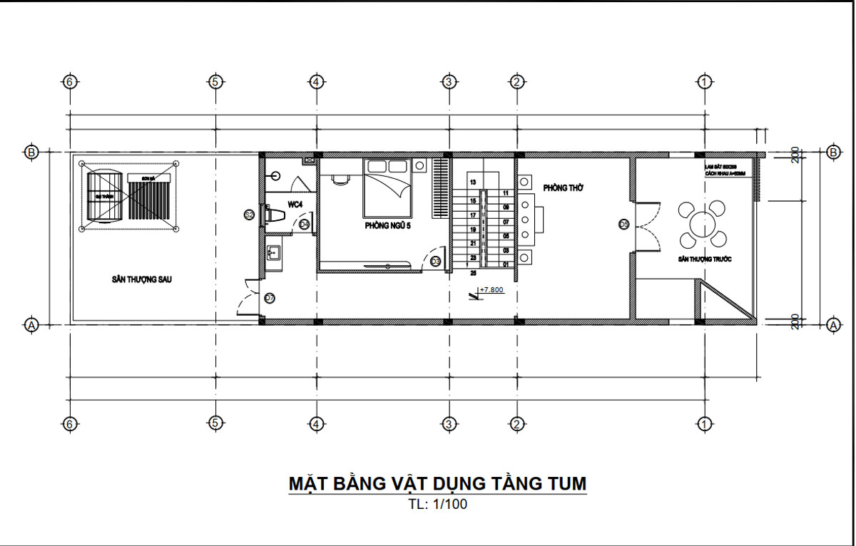 Mặt bằng lầu 2 nhà ống 3 tầng mặt tiền 6m