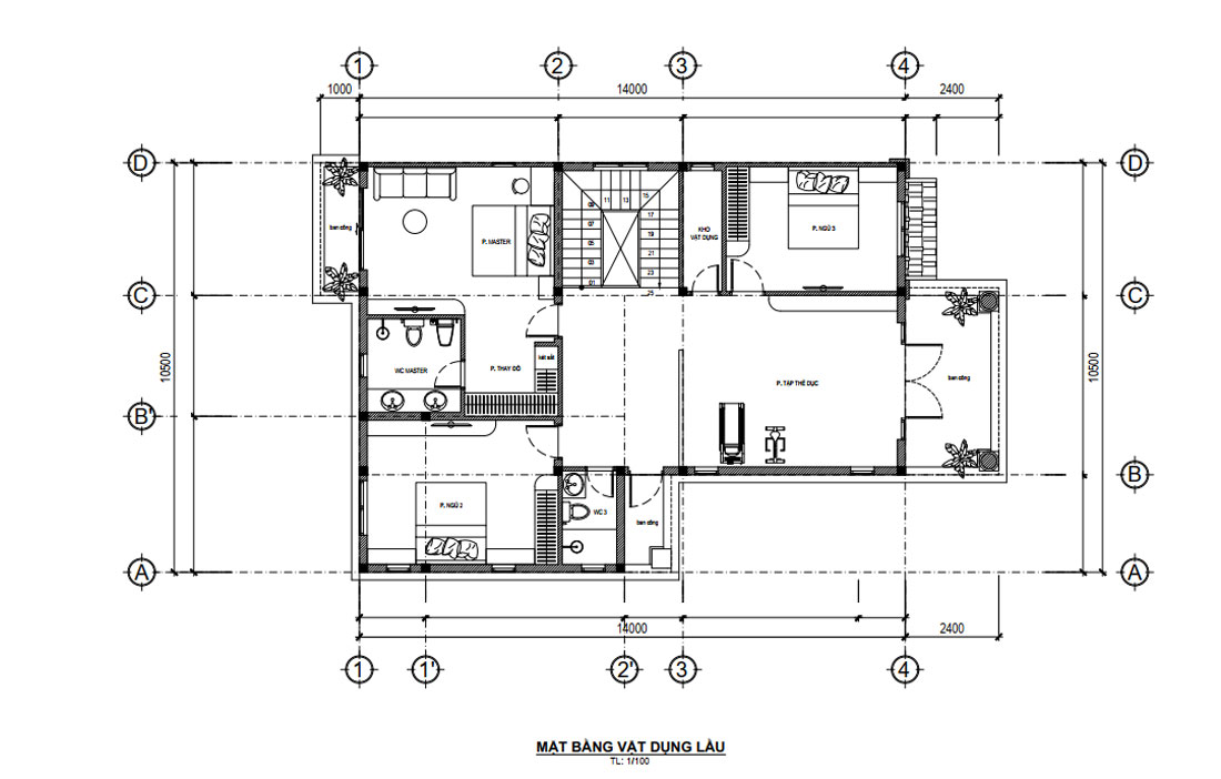 Mặt bằng lầu 1 biệt thự chữ L 2 tầng 140m2