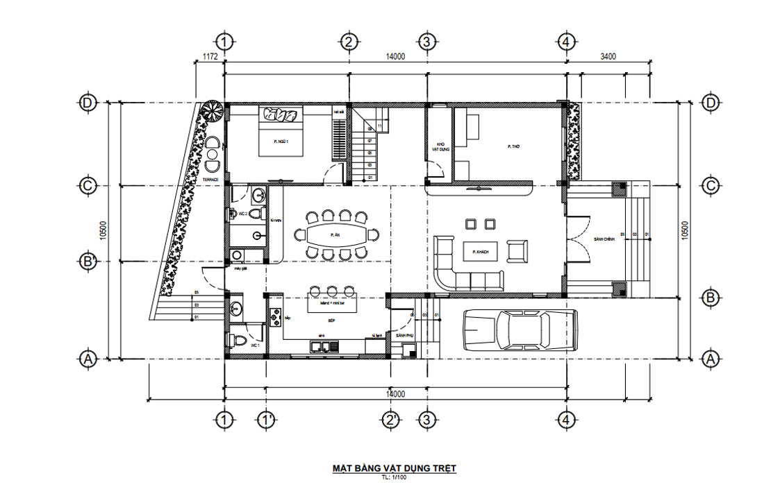 Mặt bằng tầng trệt biệt thự chữ L 2 tầng 140m2