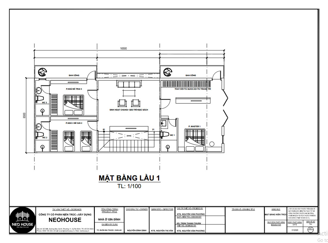 Bản vẽ mặt bằng lầu 1 biệt thự phố 2 tầng 1 tum 98m2