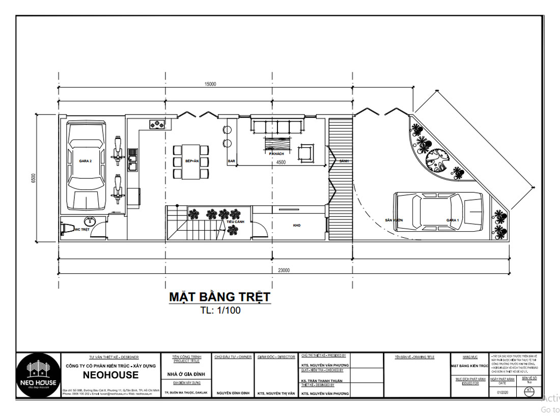 Bản vẽ mặt bằng tầng trệt biệt thự phố 2 tầng 1 tum 98m2