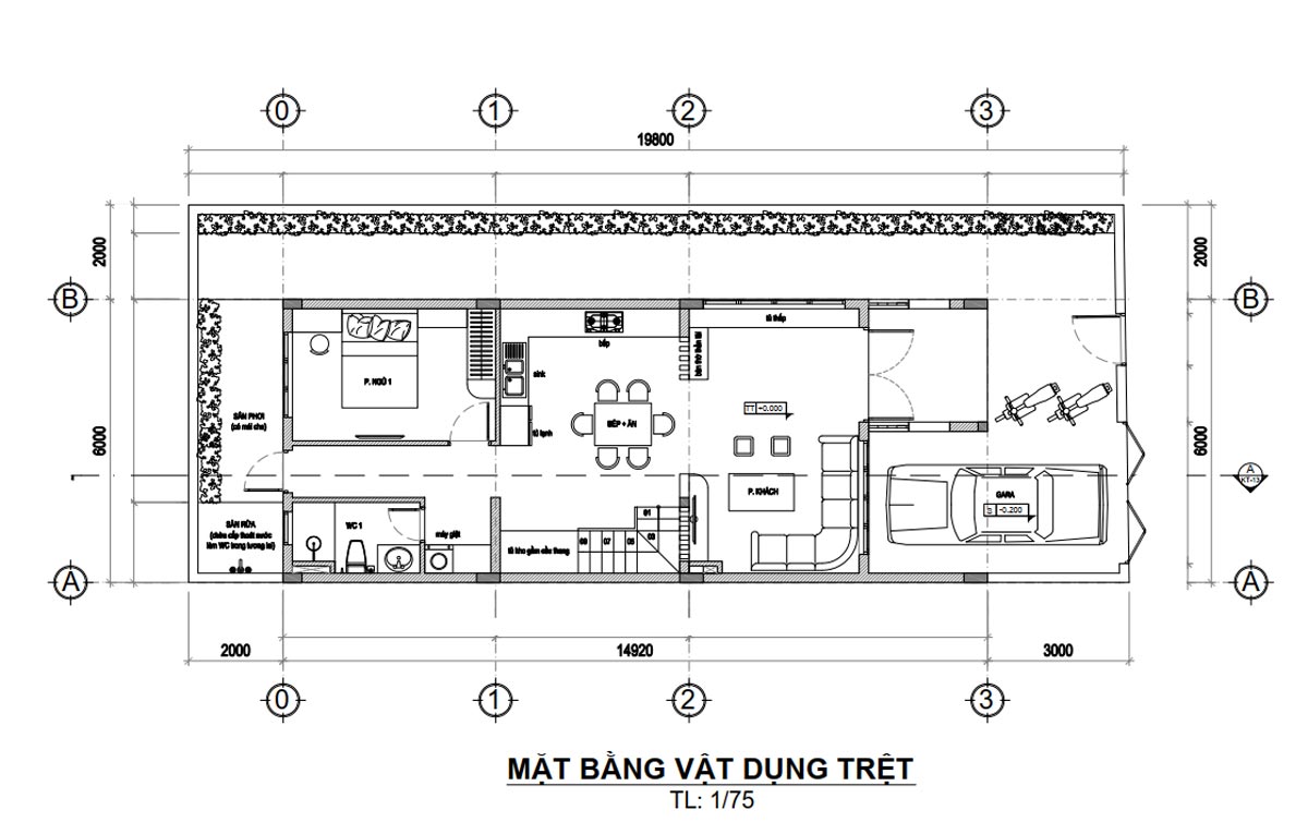 Mặt bằng mẫu nhà phố 8x20m 3 tầng 1 tum