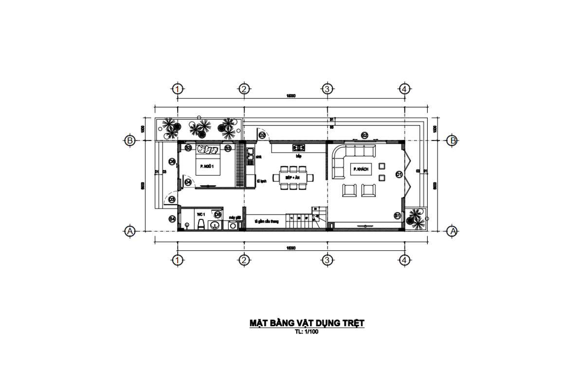 Bản vẽ mặt bằng tầng trệt nhà phố 2 tầng 1 tum 6m