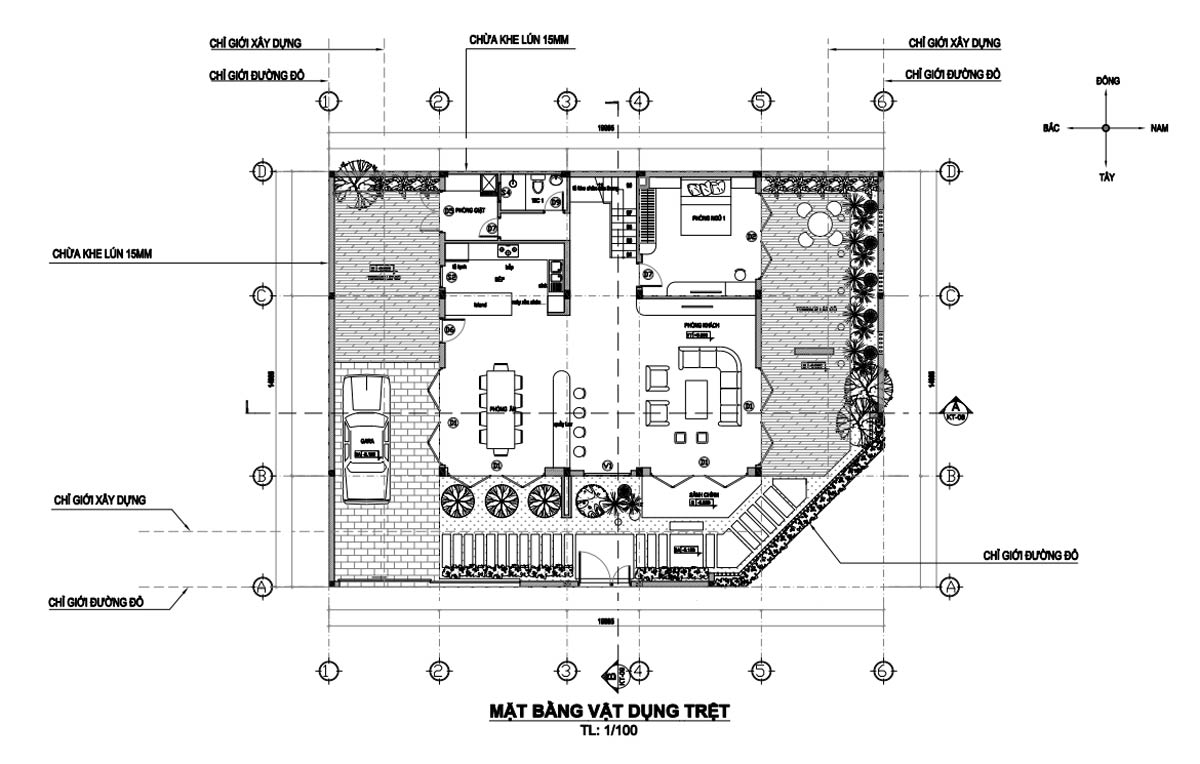 Mặt bằng tầng trệt thiết kế thi công biệt thự 2 tầng 3 phòng ngủ 11x12m