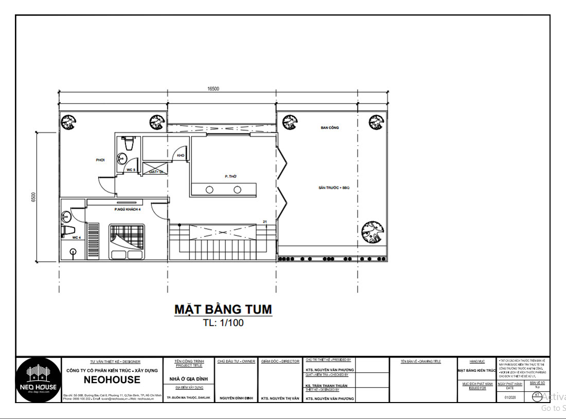 Bản vẽ mặt bằng tầng tum biệt thự phố 2 tầng 1 tum 98m2