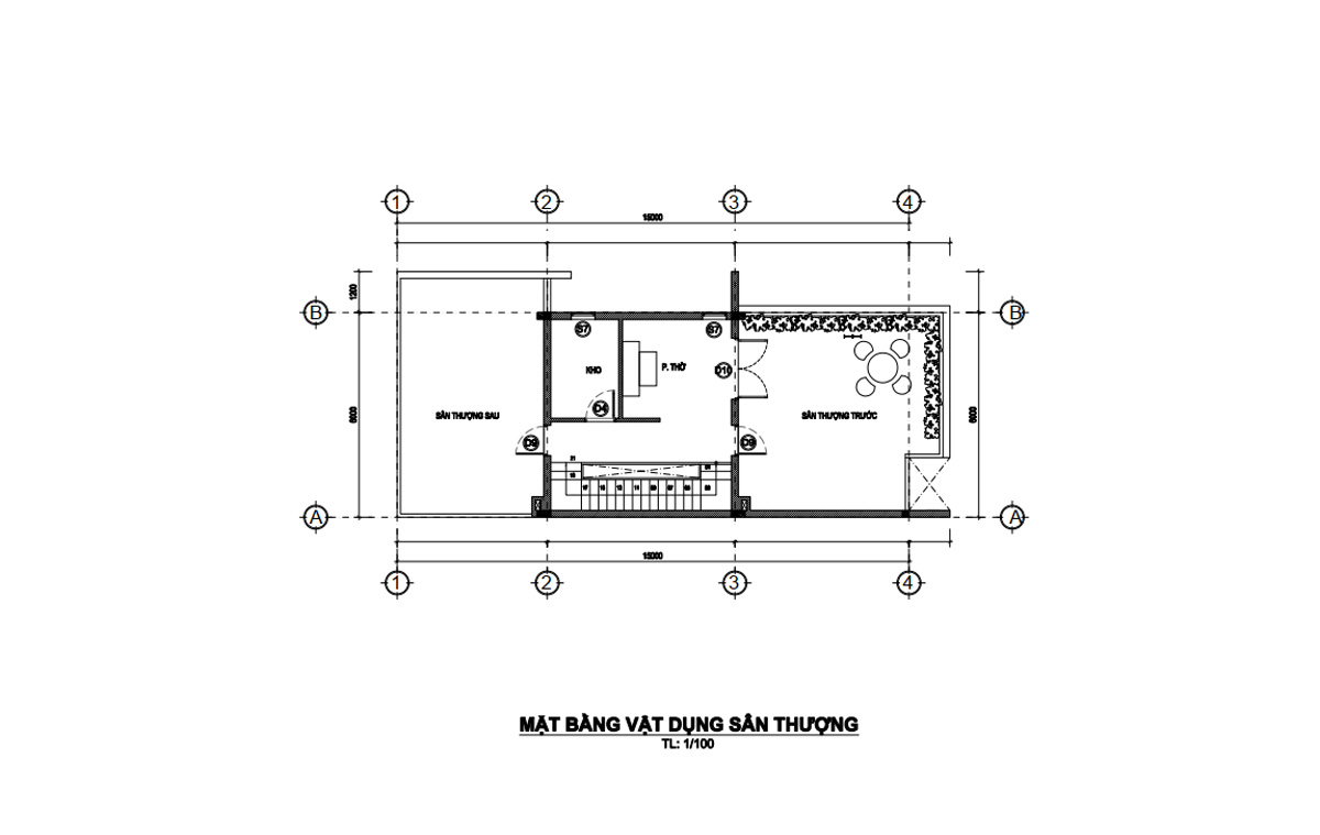 Bản vẽ mặt bằng tầng tum nhà phố 2 tầng 1 tum 6m