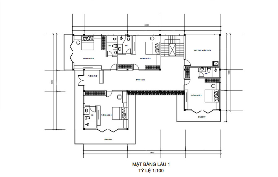 Bản vẽ mặt bằng lầu 1 biệt thự 2 tầng 5 phòng ngủ hiện đại