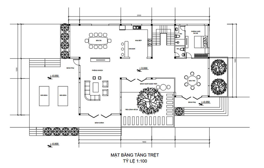 Bản vẽ mặt bằng tầng trệt biệt thự 2 tầng 5 phòng ngủ hiện đại