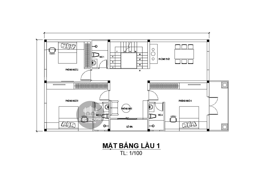 Mặt bằng lầu 1 biệt thự 2 tầng mặt tiền 9m 4 phòng ngủ