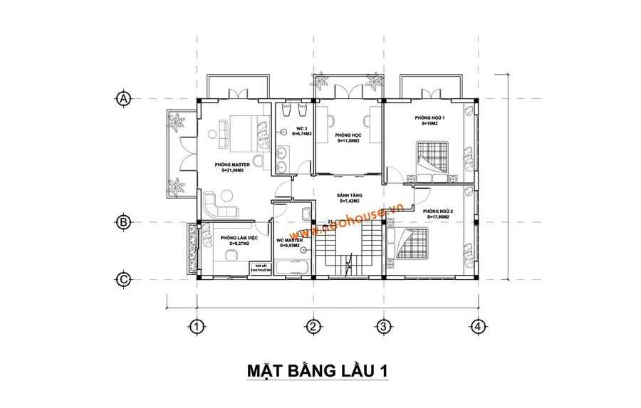 Mặt bằng lầu 1 biệt thự 2 tầng mặt tiền 9m có hồ bơi