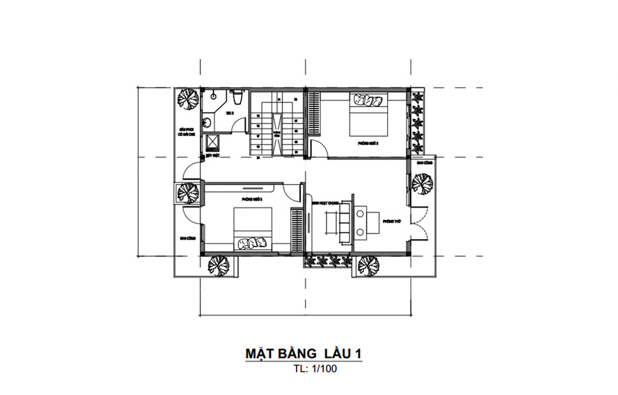 Bản vẽ mặt bằng lầu 1 biệt thự 2 tầng mặt tiền 9m hiện đại