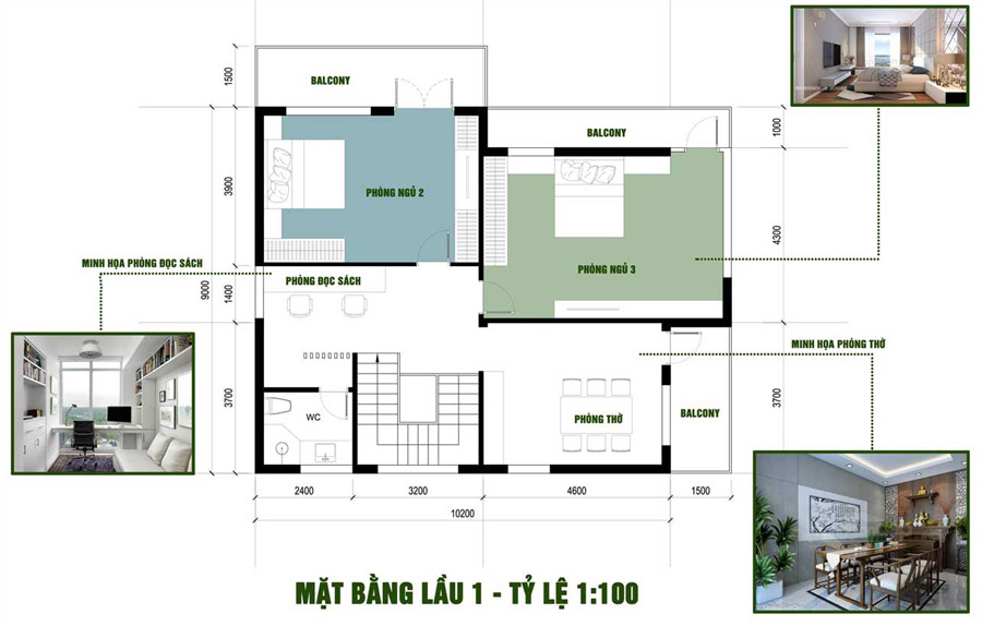 Mặt bằng lầu 1 biệt thự 2 tầng mặt tiền 9m mái Lệch