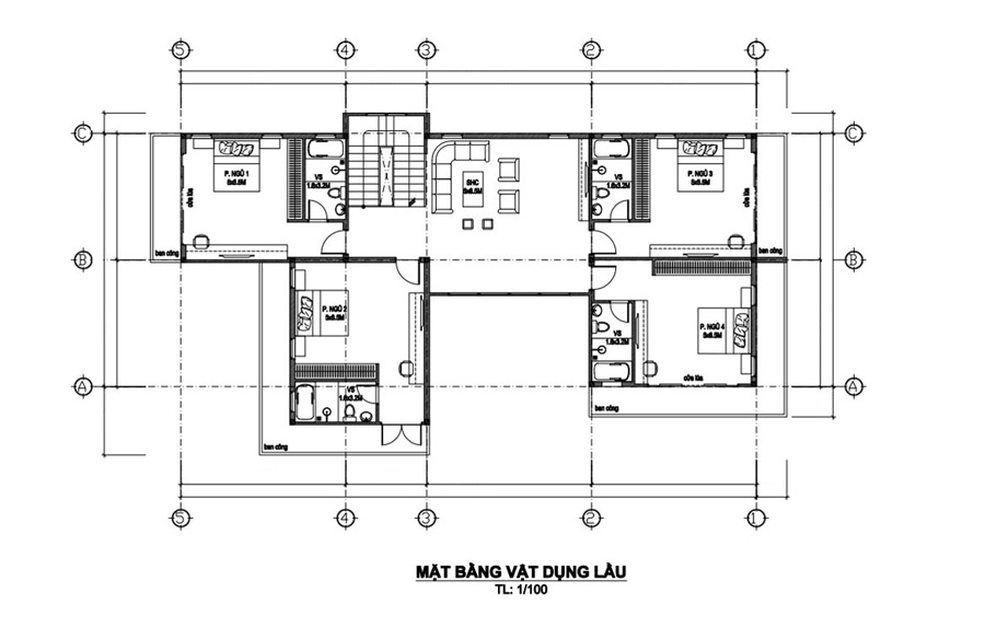 Mặt bằng lầu 1 biệt thự 2 tầng mặt tiền 9m ở nông thôn