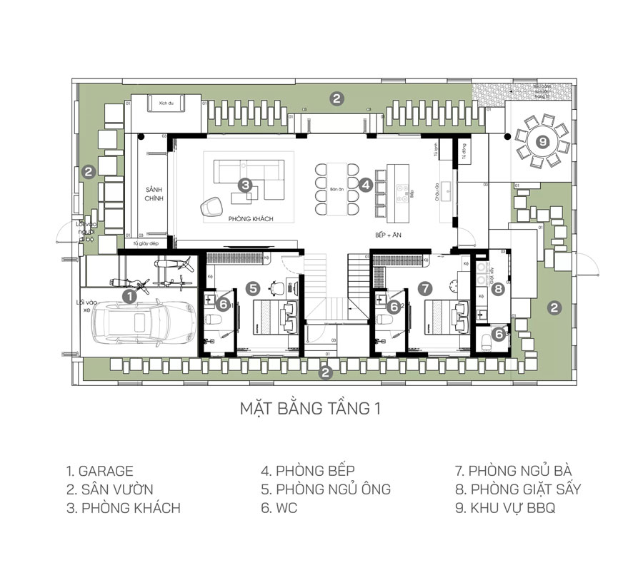 Mặt bằng tầng trệt biệt thự 2 tầng 5 phòng ngủ 386m2