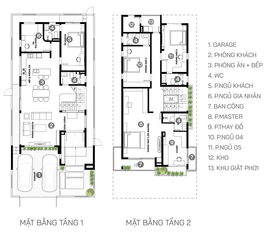 Mặt bằng bố trí biệt thự 2 tầng 5 phòng ngủ mái nhật