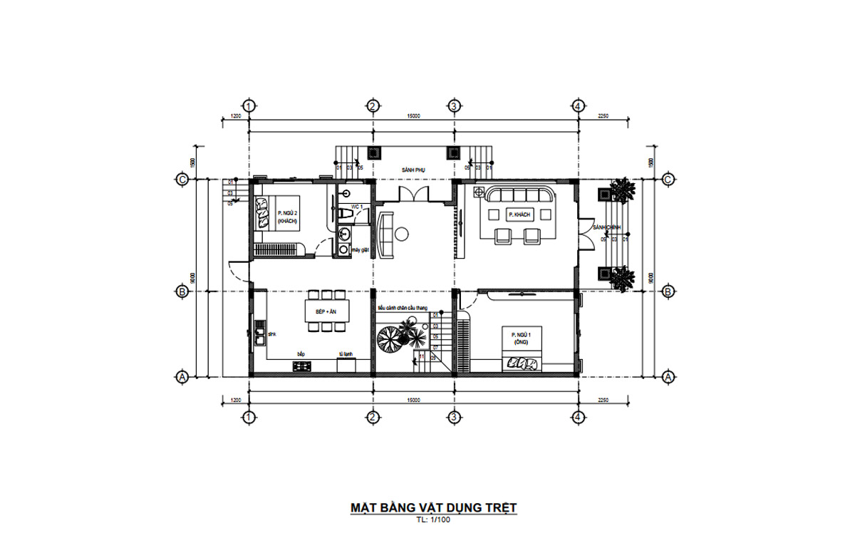 Mặt bằng tầng trệt biệt thự 2 tầng 5 phòng ngủ mái thái